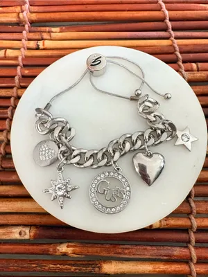 Guess Silver-Tone Charm Bracelet with Logo and Heart Adjustable Slider 7”-8” thumbnail 3