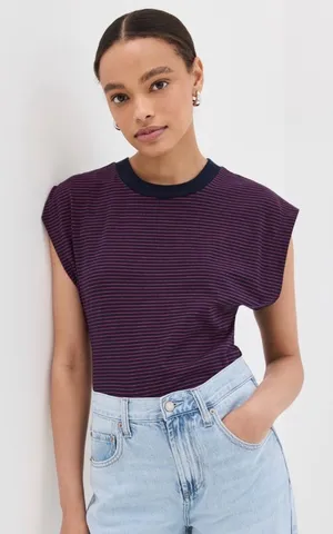 PISTOLA Marina Wide Shoulder Muscle‎ Tee Mariner’s Stripe Navy Blue and Red XS thumbnail 1