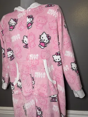 Hello Kitty One Piece Pajamas Womens XL Pink Hooded Fleece One-piece Sleepwear thumbnail 6