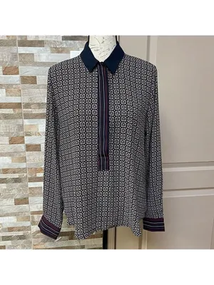LOFT half button Hanley top tunic blouse shirt Geometric print burgundy Sz M thumbnail 3