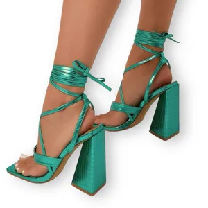 EGO Salma Teal Green Metallic Croc Pyramid Heel Tie Sandals Size 5 thumbnail 2