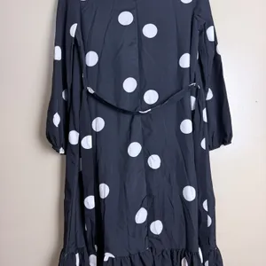 Black White Polka Dot Ruffled Hem Midi Dress Flowy Retro Mod Belted Women Size M thumbnail 8