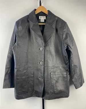 Vtg 90s Bagatelle Black Leather Blazer Jacket Womens 12P Petite 3-Button Coat thumbnail 1