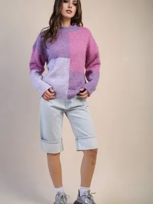 NWT Very J Oversized Color Block Cozy Knit Sweater Purple/Pink Size Large thumbnail 6