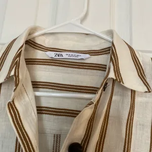 ZARA boho cream tan striped linen buttoned belted collared shirt midi dress XS thumbnail 8