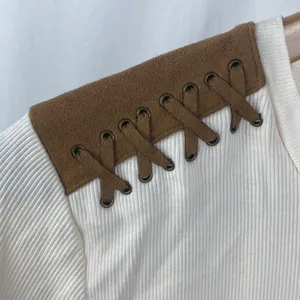 Ralph Lauren Cream & Brown Leather Shoulder Long Sleeve Ribbed Tee T Shirt Top M thumbnail 4