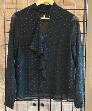 NWT Avec Les Filles Blouse Small Black Polka Dot Keyhole Cascading Ruffles thumbnail 1