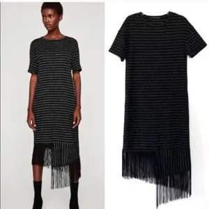 ✨ZARA Trafaluc Knit Fringe Striped Midi Tee Sz Small Dress✨ thumbnail 2