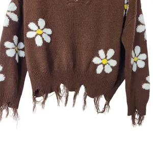 Just Polly New York Brown Daisy Floral Knit Frayed Hem Pullover Sweater Large thumbnail 8