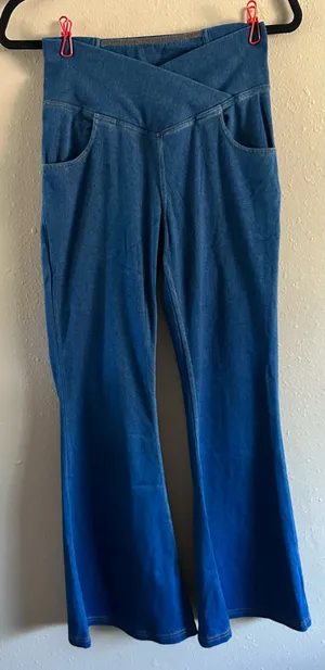 NWOT Halara Crossover High Waisted Denim Flare Pants Small S Petite thumbnail 1