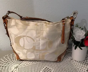 Vintage Carly Coach Signature Cream Canvas and Brown Leather Shoulder Bag thumbnail 1