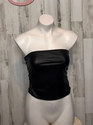 Black Faux Leather Tube Top Small | Strapless Shiny Clubwear Tank thumbnail 1