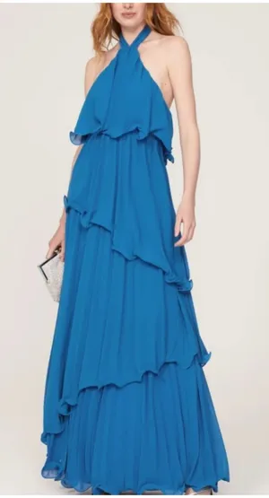 One33 Social Gown Asymmetrical Halter Tiered Maxi Dress Blue Size 0 thumbnail 1
