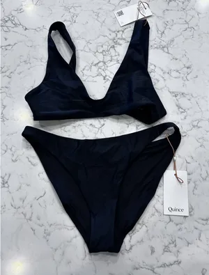 NWT Quince Black Italian Plunge Bikini Top & Low Rise Bottom Set Size Small thumbnail 1