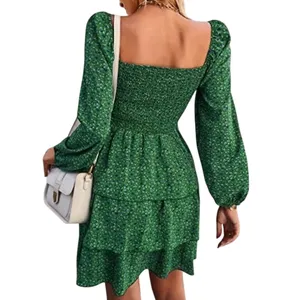 BTFBM Floral Tiered Mini Dress Size Small Green Smocked Long Sleeve Boho Prairie thumbnail 2