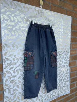 Retro Floral Embroidered Denim Cargo Jeans Antique Purplish Wash Small thumbnail 2