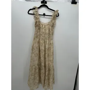 Melloday Tan Floral Smocked Waist Ruffle Strap Tiered Midi Dress S Cottagecore thumbnail 3