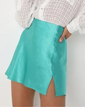 Lulus Flirty Days Teal Blue Satin Mini Skirt thumbnail 1
