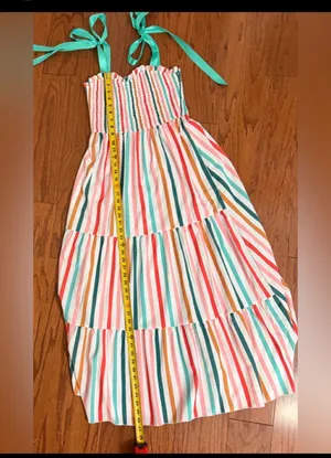 Shein Rainbow colorful Candies Stripe Cami Maxi Dress w-Green Ribbon straps -Small. Super cute, gently warn and excellent condition. Measurements approximately 13” from armpit to armpit x 46.5”” long. Non-smoking home. Priced to sell at as is condition. Don’t like my price, make reasonable offer! thumbnail 7