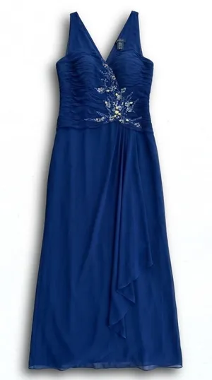 May Queen Couture Royal Blue Ruched Beaded Chiffon Evening Gown Dress 12 thumbnail 1
