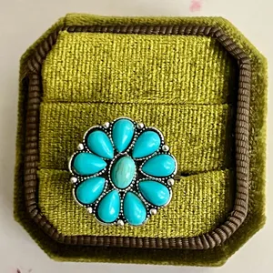 Turquoise Flower Cluster Titanium Steel Silver Statement Ring Size 6 Blue thumbnail 1