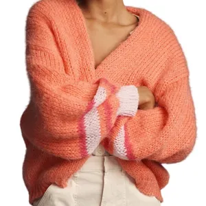Anthropologie Striped Sleeve Open Front Cardigan Sweater Coral Pink One Size thumbnail 1