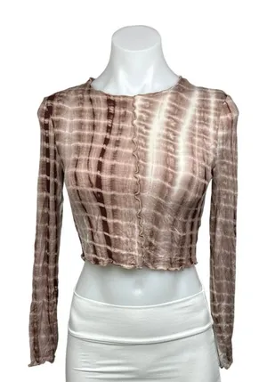 Shein Brown Tan Tie Dye Print Lettuce Trim Crew Neck Long Sleeve Crop Top Size S thumbnail 1