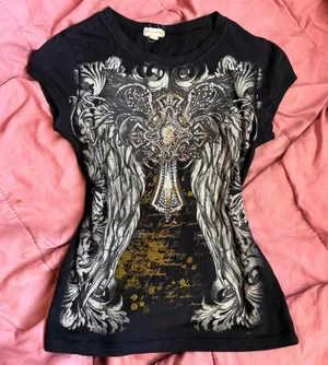 Y2K Goth Grunge Emo Punk Cross Wings Mcbling Rhinestone Black graphic fitted tee tshirt top blouse shirt short sleeve #Morbid whimsygoth #cyber #gorpcore #subversive #whimsigoth streetwear 2000s Sz S - measurement in pics 95% Cotton 5% Spandex thumbnail 1