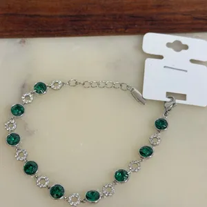 14K Gold Plated XP Womens Bracelet Green Crystal‎ Tennis Silver Adjustable Link thumbnail 4