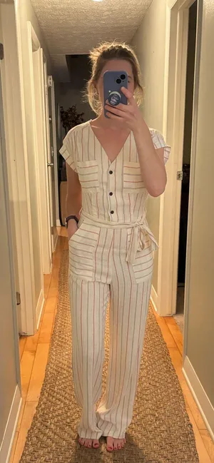 Striped Linen Jumpsuit White Size XS thumbnail 1