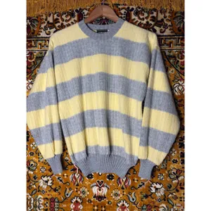 90s VTG Oversized Butter Yellow Striped Ribbed Crewneck Cotton Knit Sweater sz L thumbnail 10