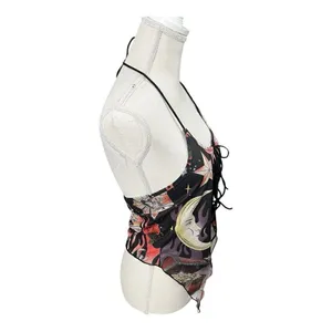 Romwe Black Multicolor Moon Floral Print Halter Top Size L Lace Up Open Back thumbnail 6