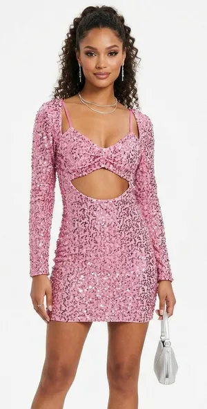 MI558 Sexy Cutout Sparkly Sequin Mini Dress Pink Glam Party Birthday Size S thumbnail 1
