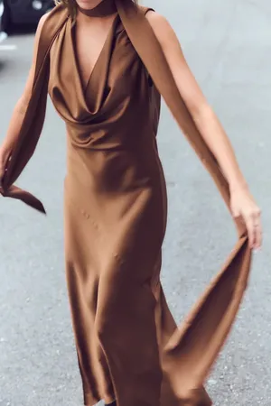 Zara dress gown maxi halter scarf satin plunge neck Brown Evening Wedding thumbnail 7