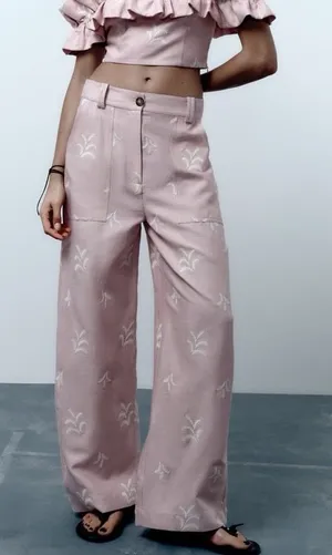 ZARA Pink Linen Embroidered Pants thumbnail 1