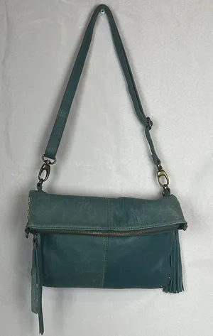 Lucky Brand Teal Leather Foldover Crossbody Hobo Bag Boho Fringe Distressed thumbnail 1