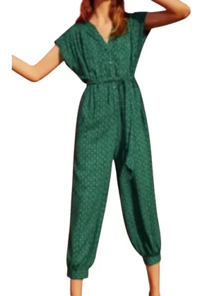 Maeve Anthropologie Jumpsuit Size XS Green Floral Geo‎ Belted Rayon Boho Cropped thumbnail 1