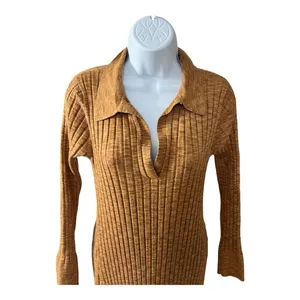 LOFT Brown Ribbed Polo Midi Knit Sweater Dress Size M Long Sleeve Pullover thumbnail 2