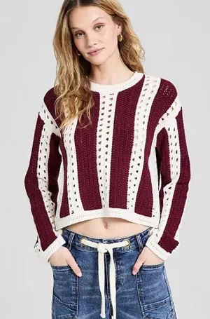 And Now This Burgundy Open-Stitch Stripe Long-Sleeve Sweater Size Large thumbnail 1