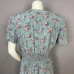 Vintage Floral Dress Shell Buttons Shirred Smocked Midi Cottagecore Summer Fall thumbnail 5