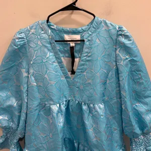 Pomander Place Blue Floral Jacquard Kenzo Tiered Mini Babydoll Dress‎ Medium NEW thumbnail 5