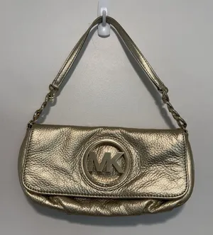 Michael Kors Gold Pebbled Leather Large‎ Logo Chain Shoulder Bag thumbnail 1