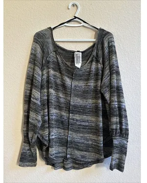 Free People Green Striped Boxy Scoop Neck Lightweight Slouchy Sweater Knit Top L thumbnail 3