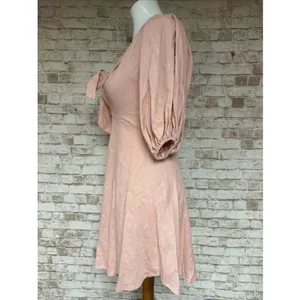 In The Beginning Size S Dress Blush Pink 3/4 Puff Sleeves‎ Tie Front Linen Short thumbnail 3