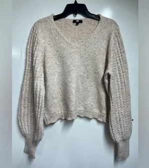 FRYE V-Neck Sweater Neutral Tan Beige Oatmeal Ribbed Knit Slouchy Balloon Sleeve thumbnail 2
