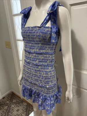 LoveShackFancy Belle Smocked Tie Straps Cotton Mini Dress Blue Jay Floral Print thumbnail 6