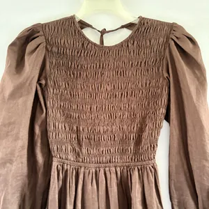 Brown Linen Maxi Dress Smocked Puff Sleeve Tiered Cottagecore DLD11313DBR thumbnail 3