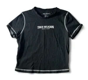 True Religion Brand Jeans Cropped Black‎ Graphic T-Shirt White Stitching thumbnail 1
