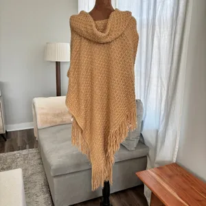 Classic Knit Poncho Cape Shawl‎ Tan with Hood Toggle Closure Fringe Hem One Size thumbnail 2