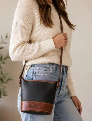 Brighton Judy Little Mini Vintage Leather Bucket Crossbody Bag Black Brown thumbnail 1